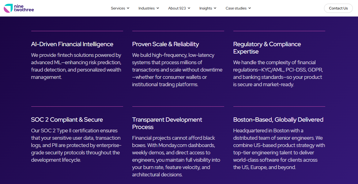 NineTwoThree fintech differentiator cards citing ML risk prediction, high-frequency scale, KYC AML expertise and SOC 2