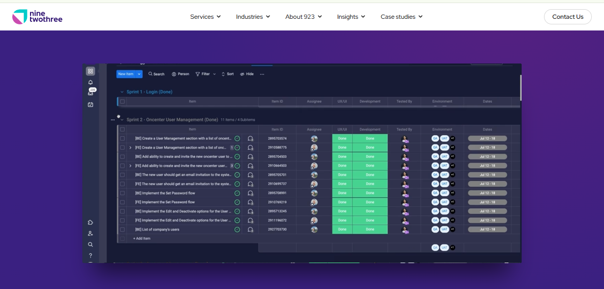 NineTwoThree AI Studio homepage showing a sprint board tracking user management items through UX and development.