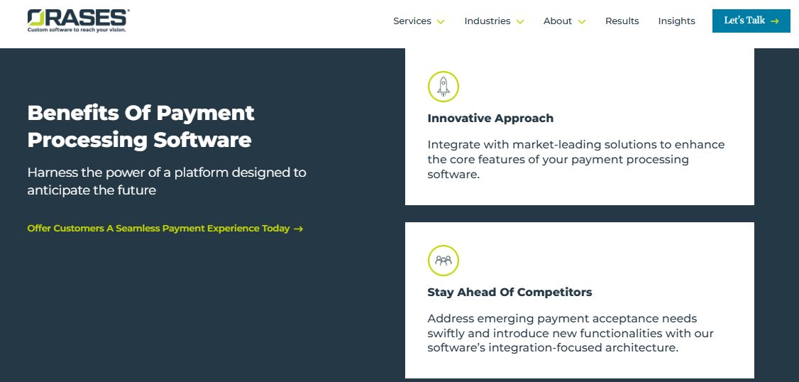 Orases payment processing software page listing integration-focused architecture and competitive differentiation benefits