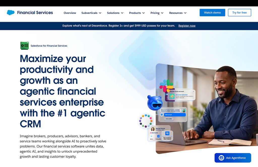 Salesforce - Teamvoy hero banner: salesforce financial services headline about maximizing productivity with an ai-powered crm, with a smiling man at a laptop on the right and floating app widgets on screen left.
