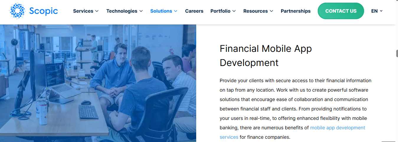 Scopic financial mobile app development section with a blue-tinted photo of developers collaborating at workstations