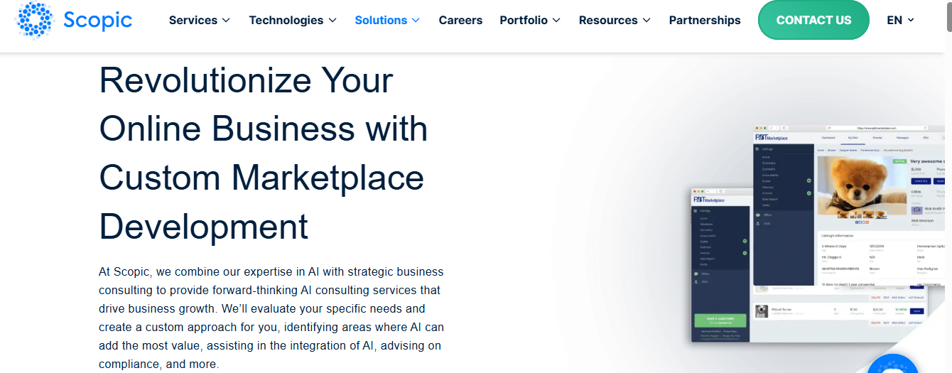 Scopic marketplace development page describing AI consulting, compliance advice, and custom build approach