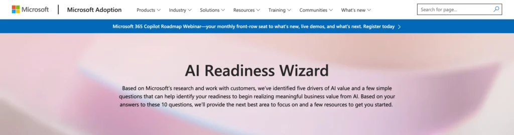 hero banner for microsoft adoption: title'AI Readiness Wizard' with a descriptive paragraph about AI value and readiness over a soft pastel gradient background.