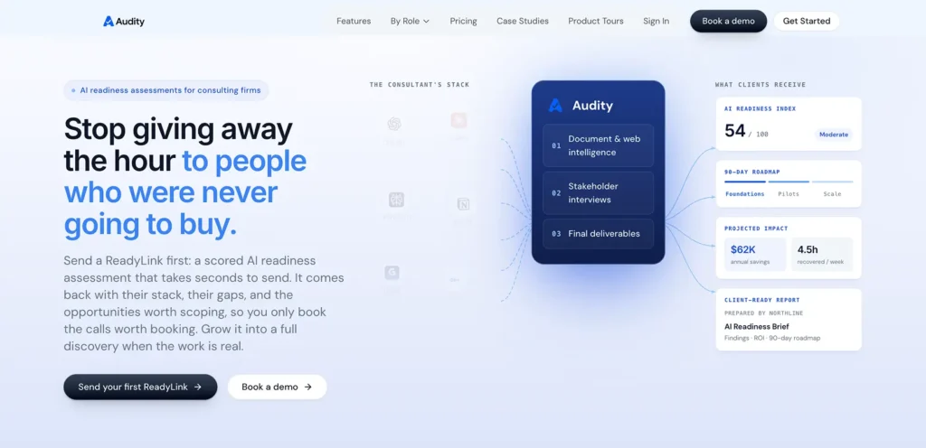 hero banner showing audity's landing page with the headline 'Stop giving away the hour to people who were never going to buy' and a right-side diagram of the AI readiness stack, plus navigation and CTA buttons.