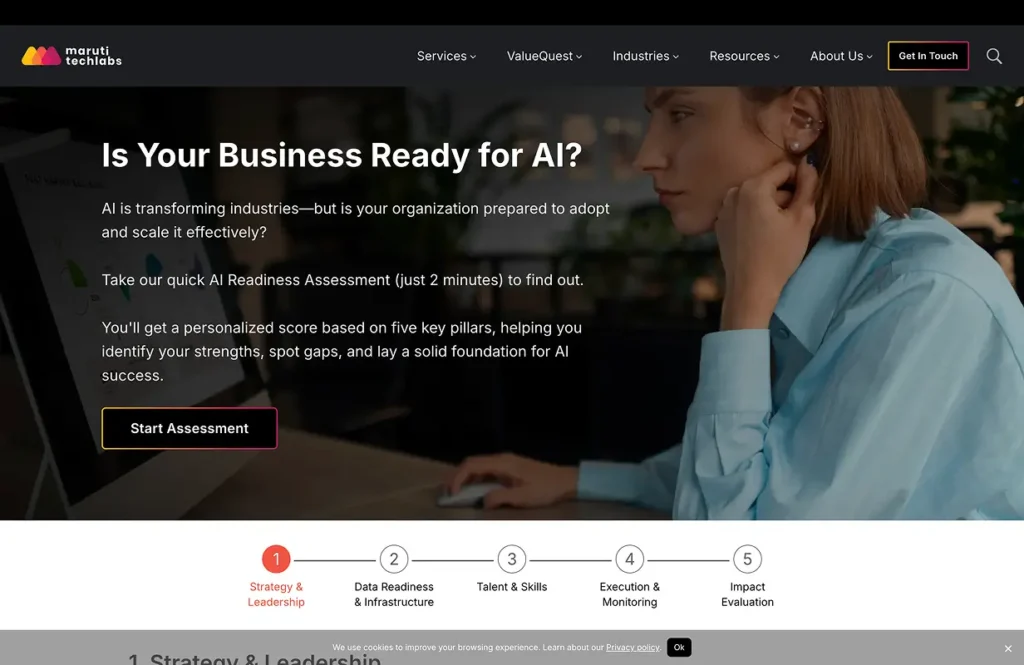 hero section with a woman at a computer, overlayed by the headline"Is Your Business Ready for AI?", descriptive text, a pink-bordered Start Assessment button, and a five-step progress tracker below the fold.