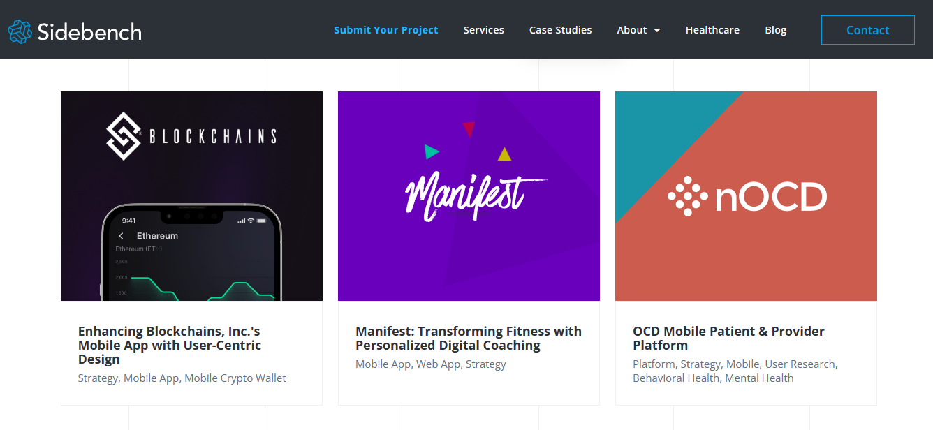 Sidebench case study cards featuring a Blockchains crypto wallet app alongside Manifest fitness and nOCD health platforms
