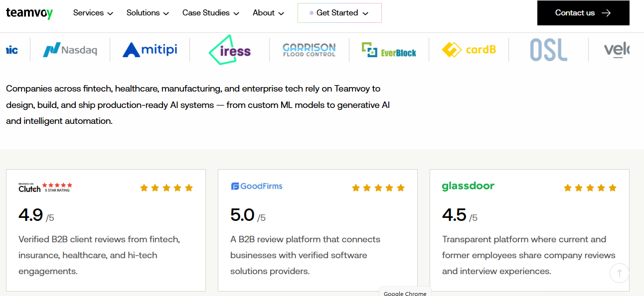 Teamvoy client logos including Nasdaq, Iress, and OSL beside Clutch 4.9, GoodFirms 5.0, and Glassdoor 4.5 ratings