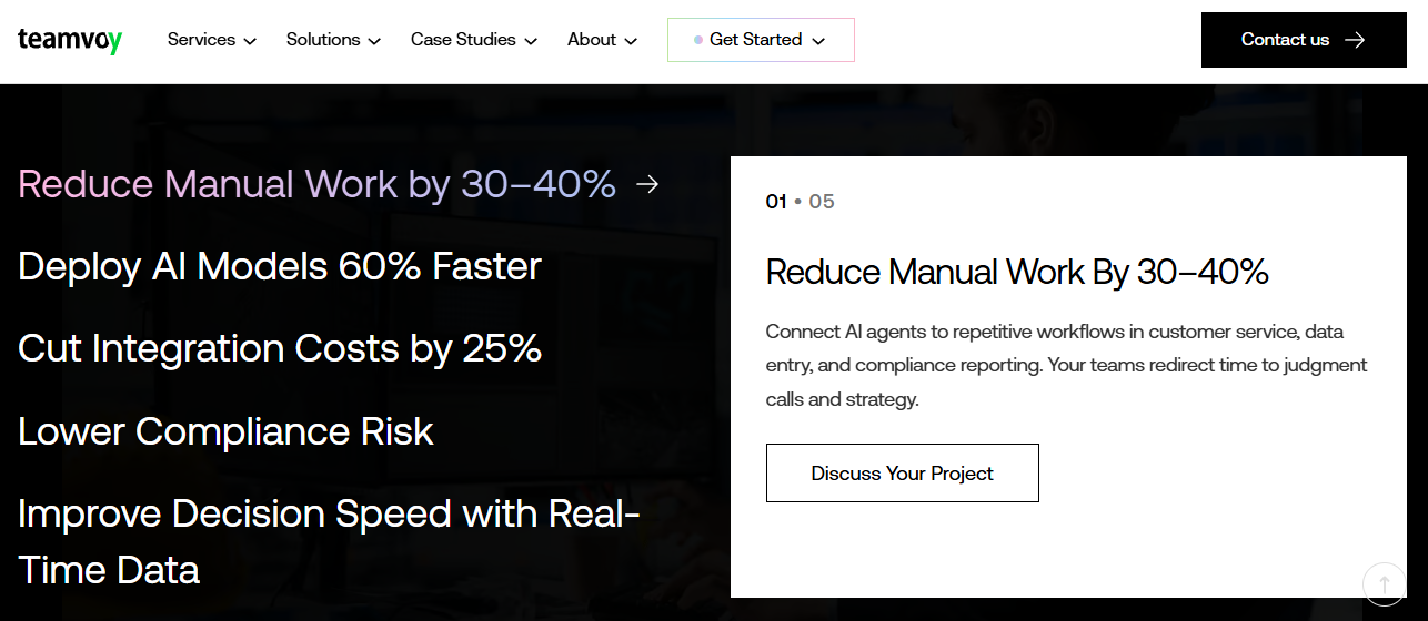 Teamvoy homepage outcome panel showing manual work reduction, faster AI deployment, and lower compliance risk