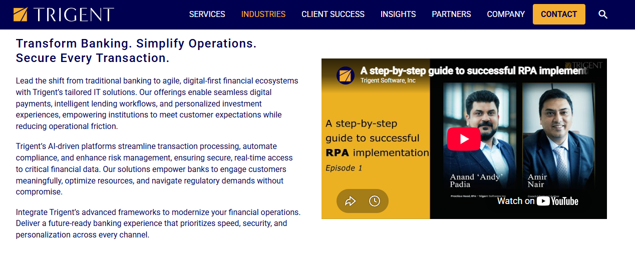 Trigent banking transformation section beside a YouTube thumbnail for a step-by-step RPA implementation guide episode
