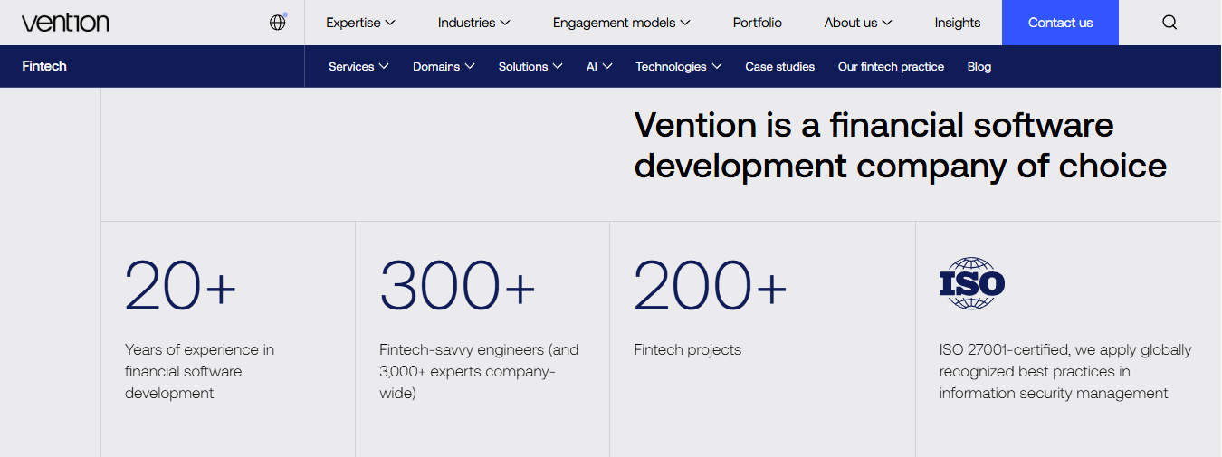 Vention fintech page showing 20+ years, 300+ fintech engineers, 200+ projects, and ISO 27001 certification