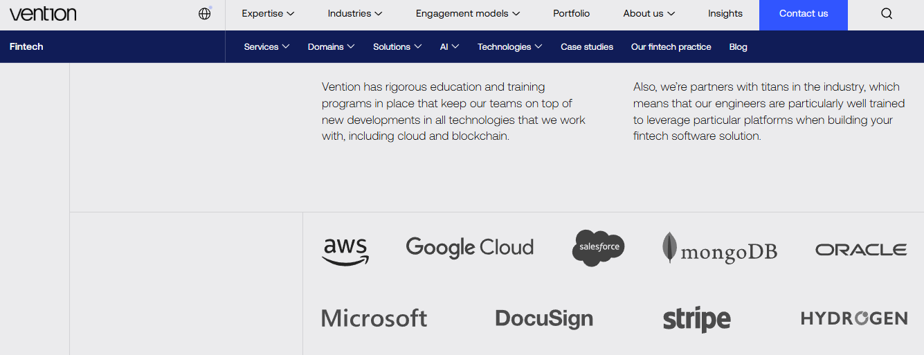 Vention fintech partner logos: AWS, Google Cloud, Salesforce, MongoDB, Oracle, Microsoft, DocuSign, Stripe