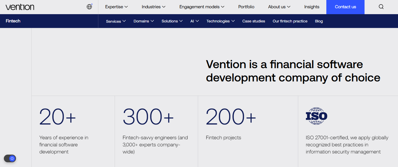 Vention fintech page showing 20+ years experience, 300+ fintech engineers, 200+ projects, and ISO 27001 certification.
