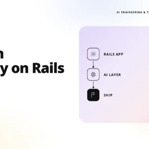 teamvoy hero with logo and 'ai in ruby on rails' headline; pastel rounded panel shows rails app flow on the right.