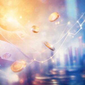 financial imagery with coins, graphs, and glowing lines representing investment growth and data trends in warm orange to cool blue tones.