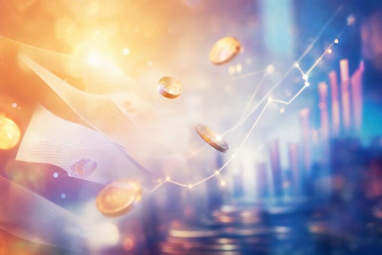 financial imagery with coins, graphs, and glowing lines representing investment growth and data trends in warm orange to cool blue tones.