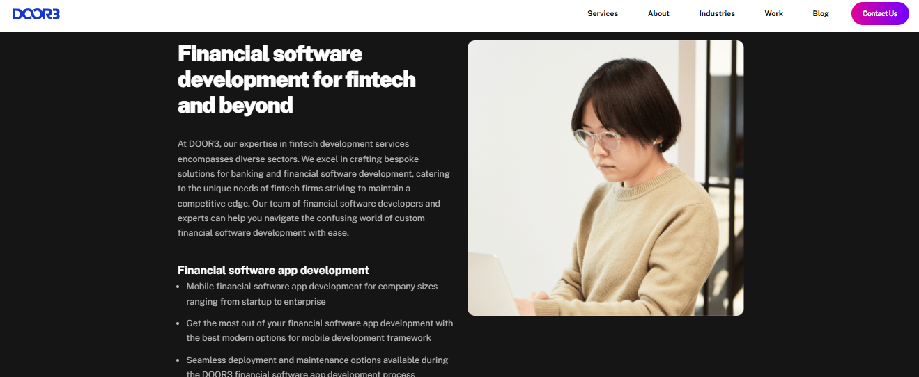 DOOR3 financial software development page describing bespoke banking and fintech build services