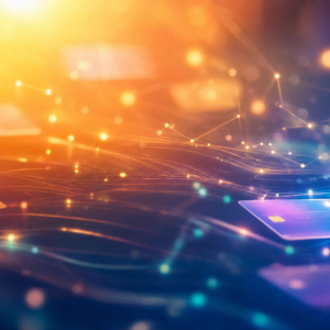 abstract neon scene with glowing data points and floating credit cards, illustrating digital payments and networks.