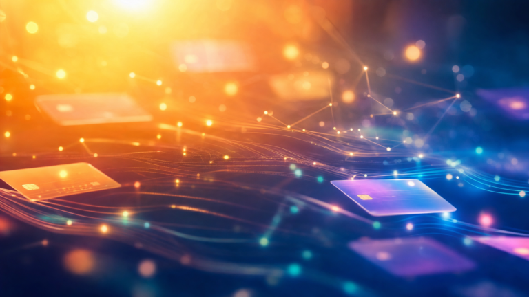 abstract neon scene with glowing data points and floating credit cards, illustrating digital payments and networks.