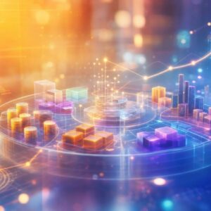 futuristic data visualization for digital finance with stacked coins, colorful blocks, and glowing data lines on a circular platform (blockchain/analytics theme).