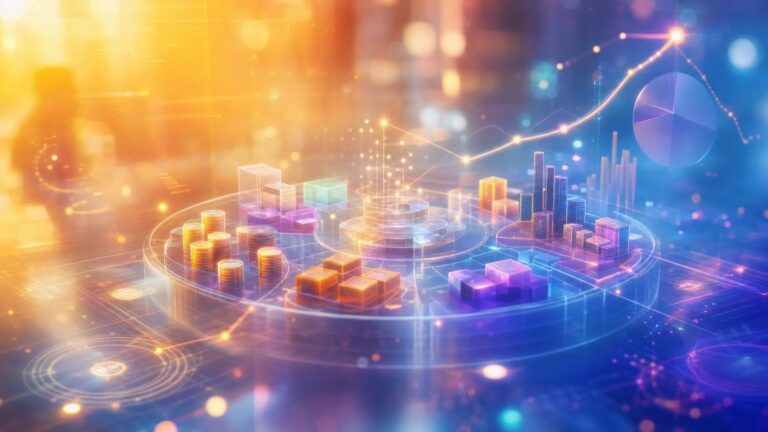futuristic data visualization for digital finance with stacked coins, colorful blocks, and glowing data lines on a circular platform (blockchain/analytics theme).