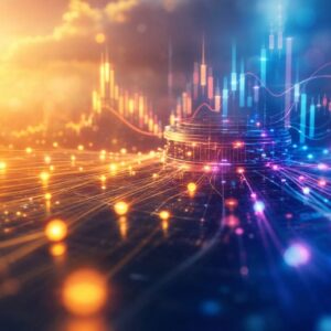 abstract digital finance scene with colorful light trails and a central circular data hub in warm yellows and cool blues.