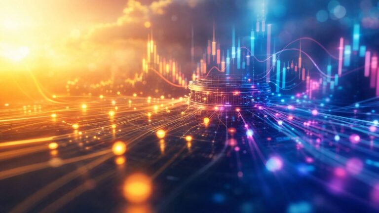 abstract digital finance scene with colorful light trails and a central circular data hub in warm yellows and cool blues.