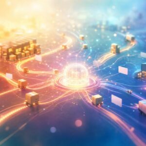 futuristic logistics network around a glowing central security hub with trucks and warehouses.