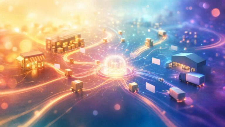 futuristic logistics network around a glowing central security hub with trucks and warehouses.