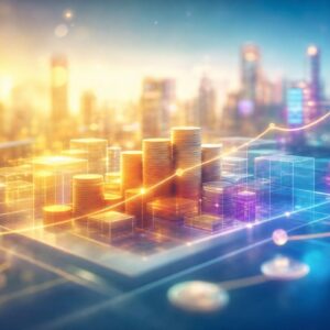 stacks of gold coins arranged in ascending towers on a translucent grid, with a glowing upward-trending line over a blurred city skyline, illustrating financial growth.