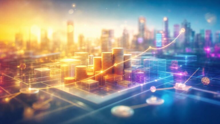 stacks of gold coins arranged in ascending towers on a translucent grid, with a glowing upward-trending line over a blurred city skyline, illustrating financial growth.