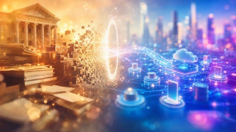old-stacks and a classical building meet a glowing digital portal and a futuristic city, symbolizing data-driven transformation.