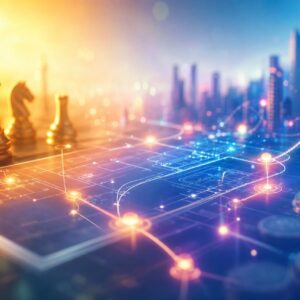 gold chess pieces sit on a board overlaid with neon data lines, with a blurred city skyline in the background—symbolizing strategic, data-driven planning.