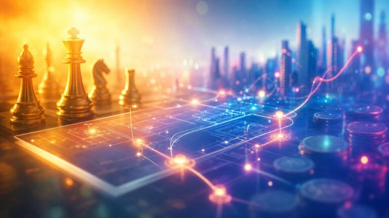 gold chess pieces sit on a board overlaid with neon data lines, with a blurred city skyline in the background—symbolizing strategic, data-driven planning.