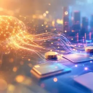 glowing digital brain connects to coins and payment cards over a futuristic cityscape.