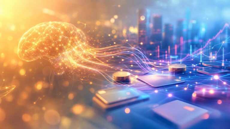 glowing digital brain connects to coins and payment cards over a futuristic cityscape.