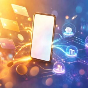 futuristic smartphone with glowing fintech icons, floating cards, coins, and charts around it.