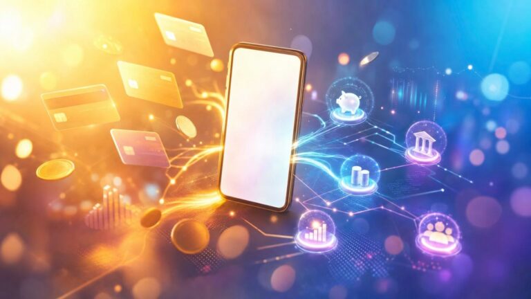 futuristic smartphone with glowing fintech icons, floating cards, coins, and charts around it.