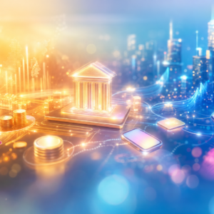futuristic fintech scene: a golden bank icon on a tablet with coins, a card, and smartphones against a neon city.