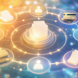 central folder surrounded by interconnected icons (papers, cards, coins, people) illustrating data and document sharing.