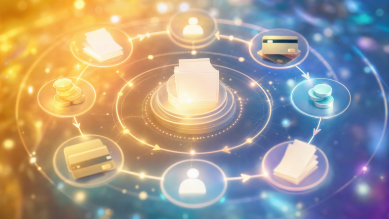 central folder surrounded by interconnected icons (papers, cards, coins, people) illustrating data and document sharing.