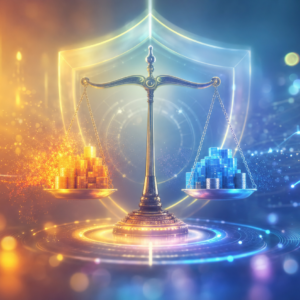 balance scale with gold coin stacks on the left and blue coin piles on the right, with a glowing shield behind it in a futuristic background.
