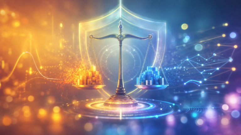 balance scale with gold coin stacks on the left and blue coin piles on the right, with a glowing shield behind it in a futuristic background.