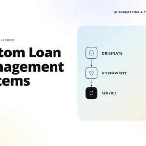 hero banner with the title 'custom loan management systems' on the left and a pastel rounded panel diagram on the right showing a loan process: originate, underwrite, service.