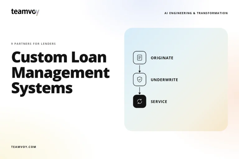 hero banner with the title 'custom loan management systems' on the left and a pastel rounded panel diagram on the right showing a loan process: originate, underwrite, service.