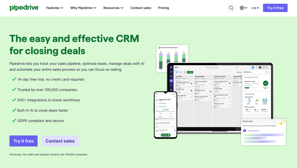 pipedrive - Teamvoy pipedrive crm marketing hero with a pale green background, headline about closing deals, and laptop, tablet, and phone screens displaying the software ui.