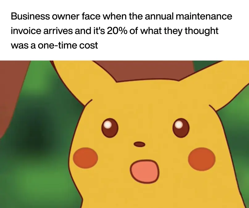 meme of a surprised pikachu face with caption about an annual maintenance invoice being 20% of the expected one-time cost.