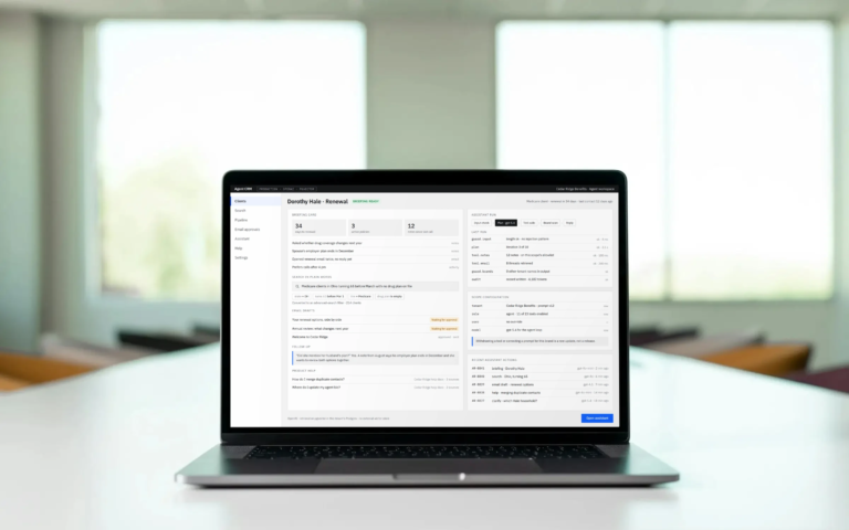 laptop open to a crm dashboard showing dorothy hale renewal status and client tasks