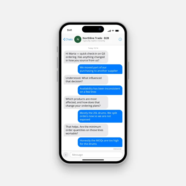 phone screen showing a chat with northline trade (b2b) about order changes and availability.