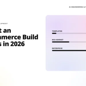 teamvoy logo and headline 'what an ecommerce build costs in 2026' beside a pastel gradient panel showing cost ranges (templated to enterprise).
