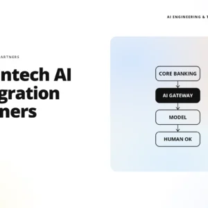 headline '10 fintech ai integration partners' beside a pastel gradient diagram of an ai workflow and the teamvoy logo on the left.